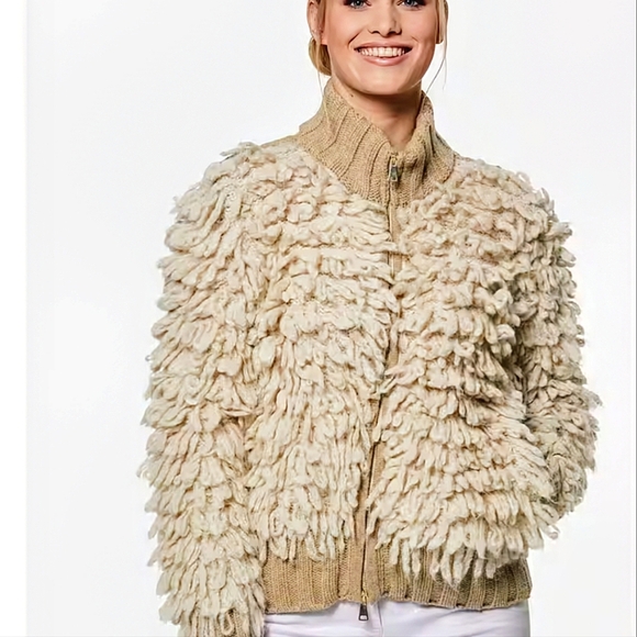 MADELEINE MODE COUTURE PUFF SLEEVE CHIC TEDDY LOOK CHUNKY 2 TONE TAN CARDIGAN - Picture 1 of 16